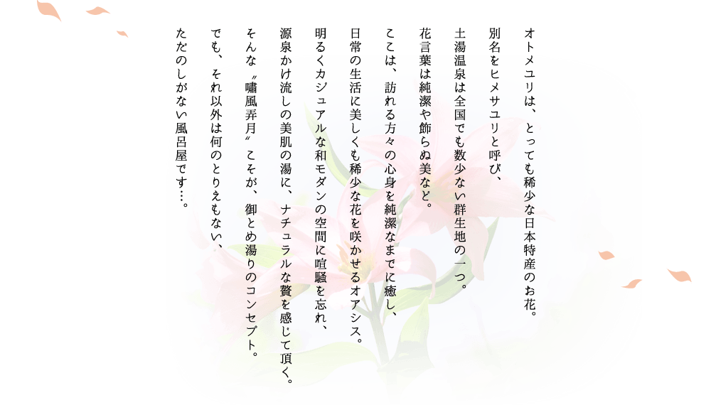 オトメユリは、とっても希少な日本特産のお花。別名をヒメサユリと呼び、土湯温泉は全国でも数少ない群生地の一つ。花言葉は純潔や飾らぬ美など。ここは、訪れる方々の心身を純潔なまでに癒し、日常の生活に美しくも希少な花を咲かせるオアシス。明るくカジュアルな和モダンの空間に喧騒を忘れ、源泉かけ流しの美肌の湯に、ナチュラルな贅を感じて頂く。そんな嘯風弄月こそが、御とめ湯りのコンセプト。でも、それ以外は何のとりえもない、ただのしがない風呂屋です…。