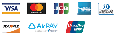 VISA、MasterCard、JCB、AMERICAN EXPRESS、Diners Club INTERNATIONAL、DISCOVER